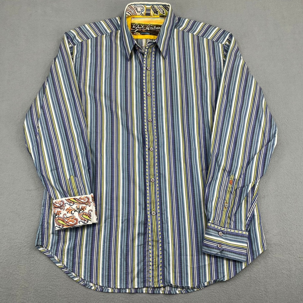 Robert Graham Mens Large Blue Green Striped Button Down Shirt Paisley Flip Cuffs